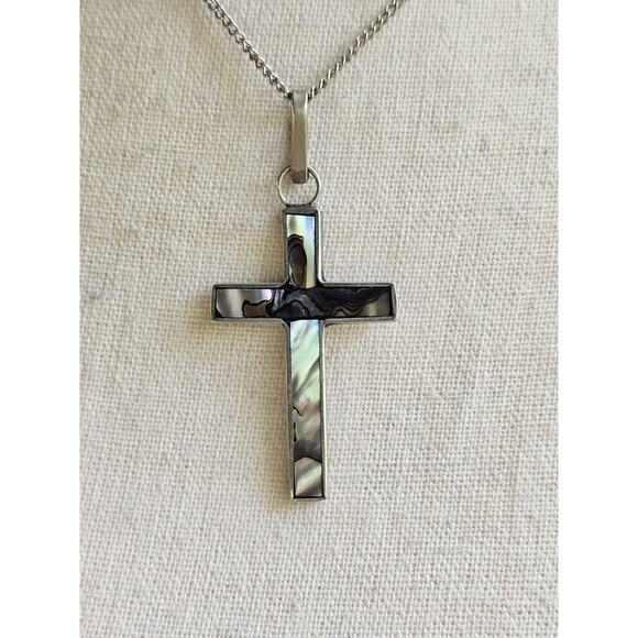 Vintage Cross Pendant Abalone Shell Inlay Mexico Southwestern Boho Festival - Picture 2 of 9